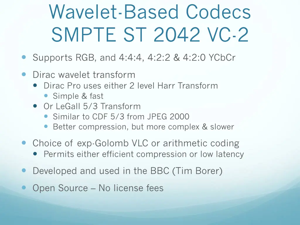 wavelet based codecs smpte st 2042 vc 2