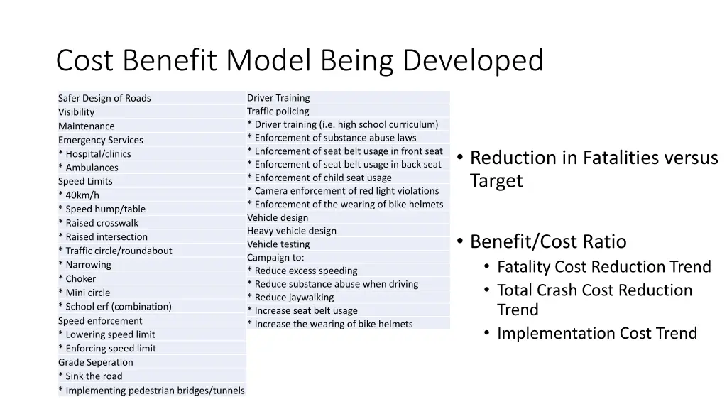 cost benefit model being developed