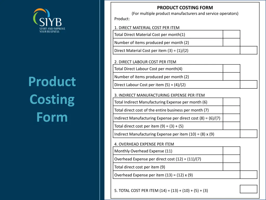 product costing form for multiple product