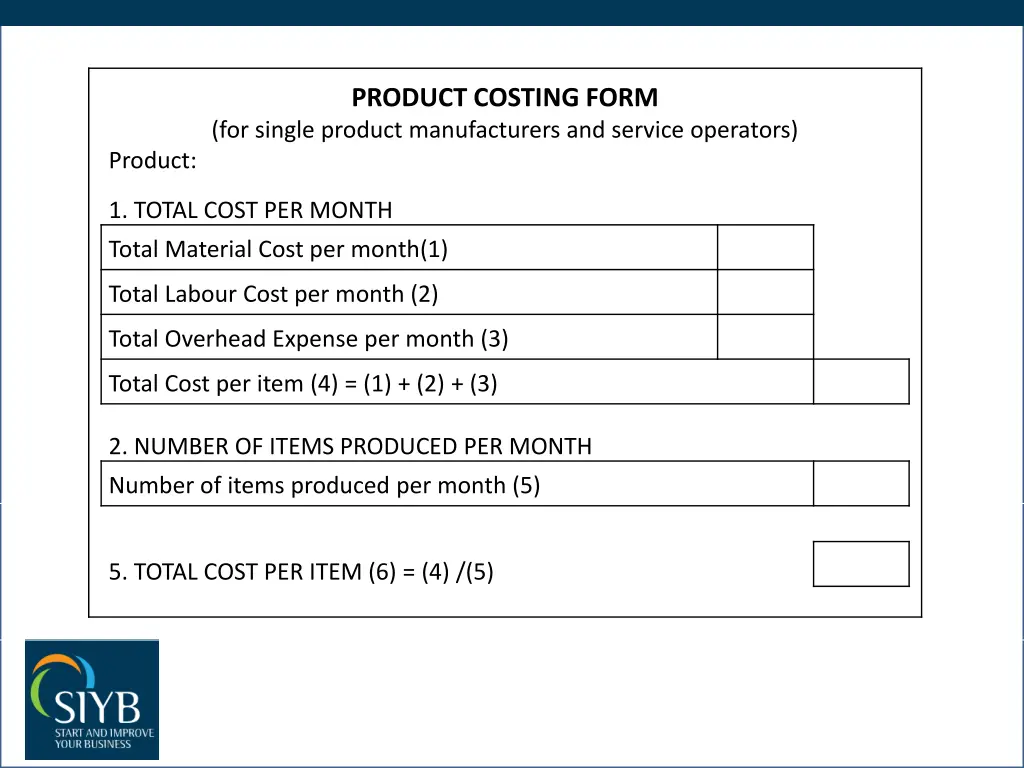 product costing form for single product