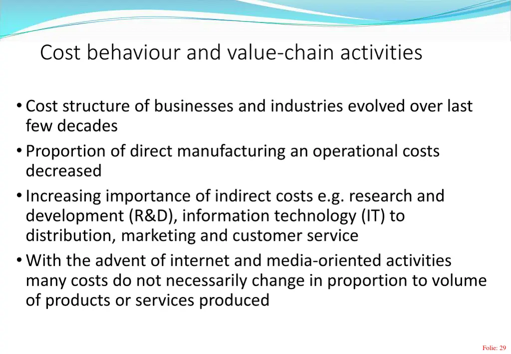 cost behaviour and value chain activities