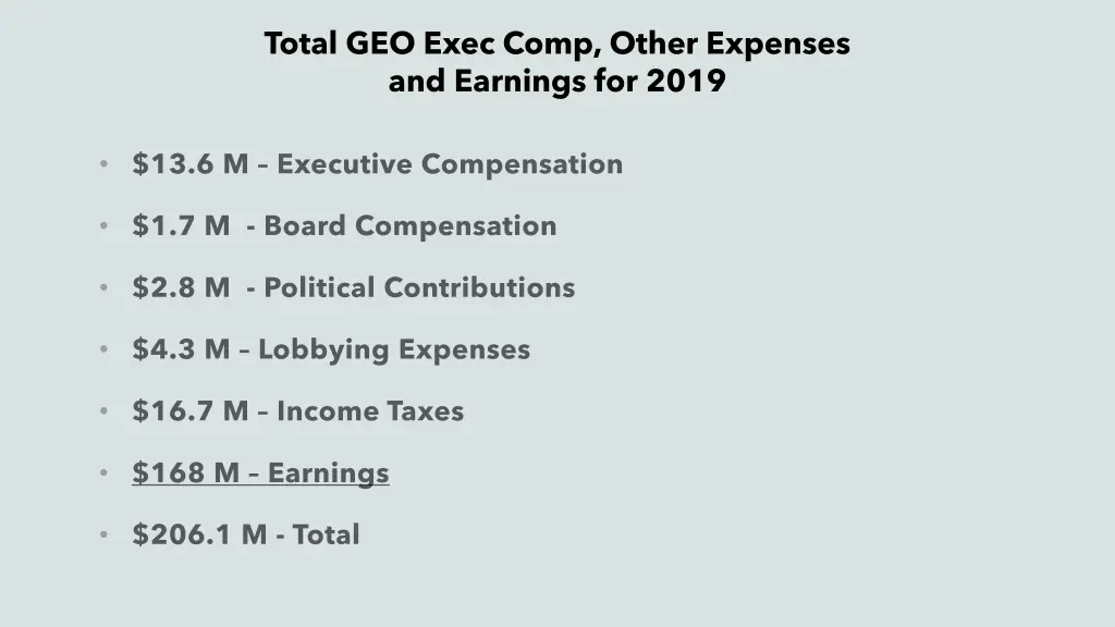 total geo exec comp other expenses and earnings