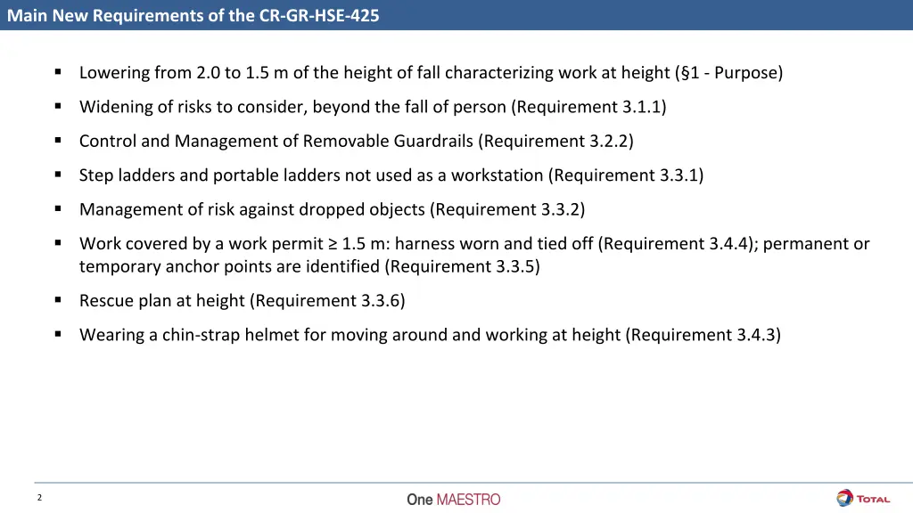 main new requirements of the cr gr hse 425