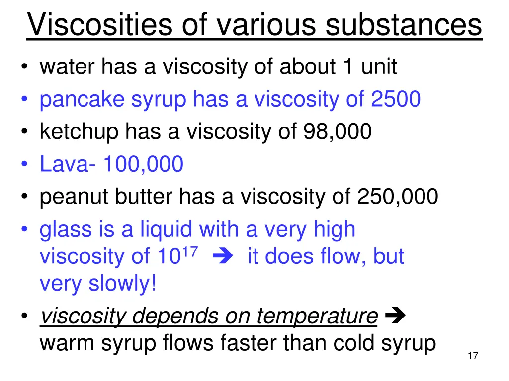 viscosities of various substances water