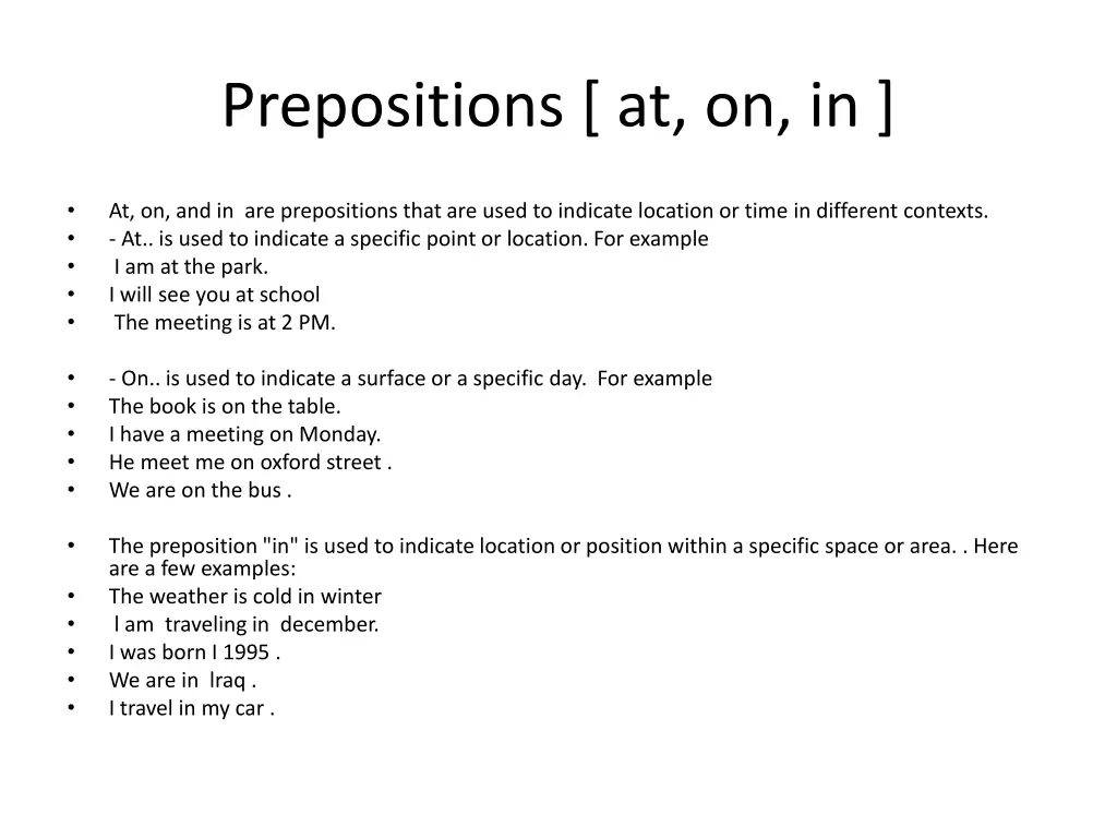 prepositions at on in