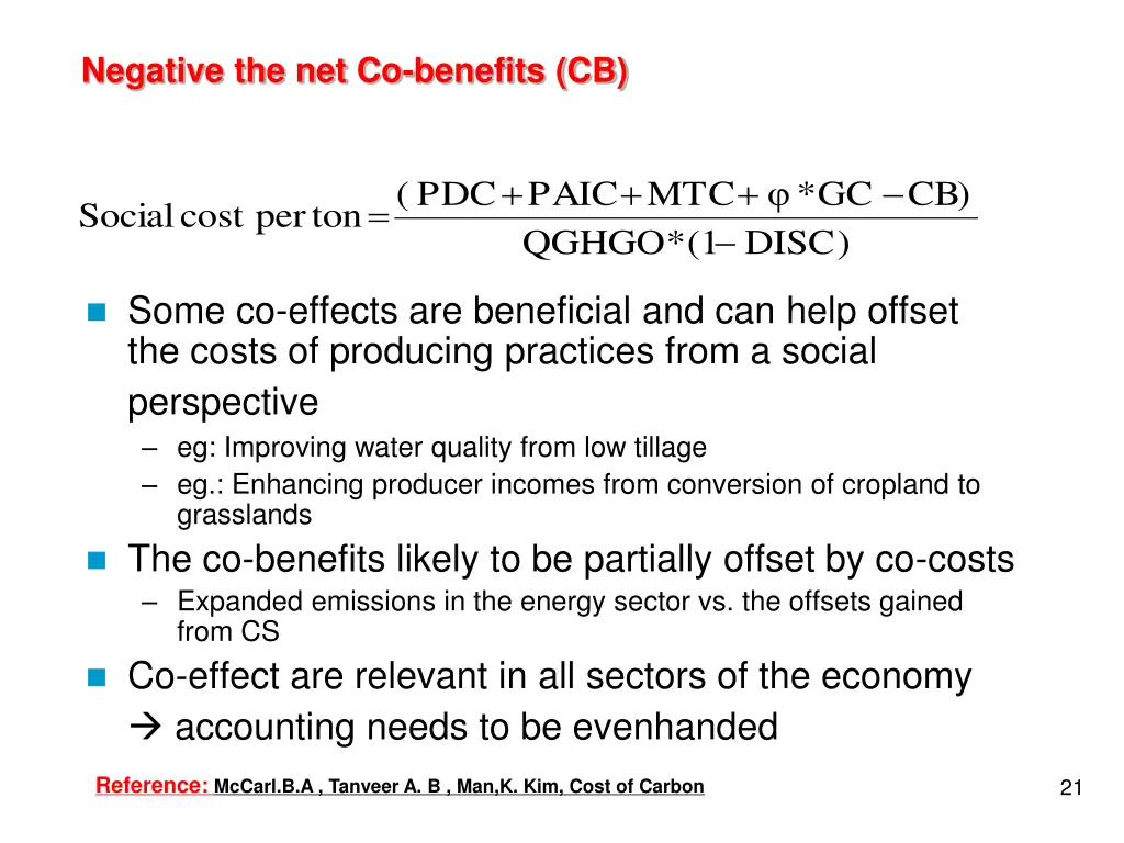 negative the net co benefits cb