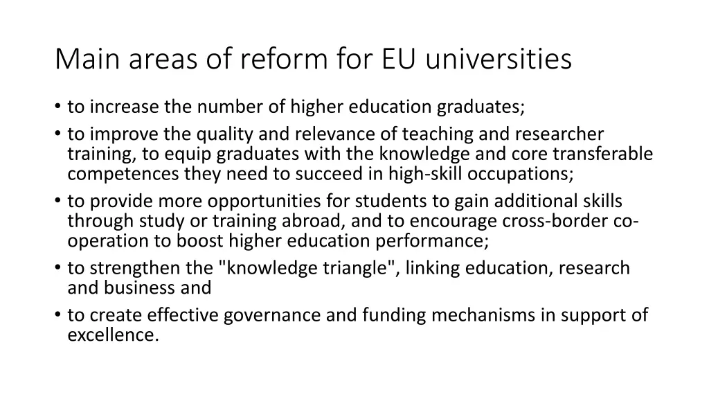 main areas of reform for eu universities