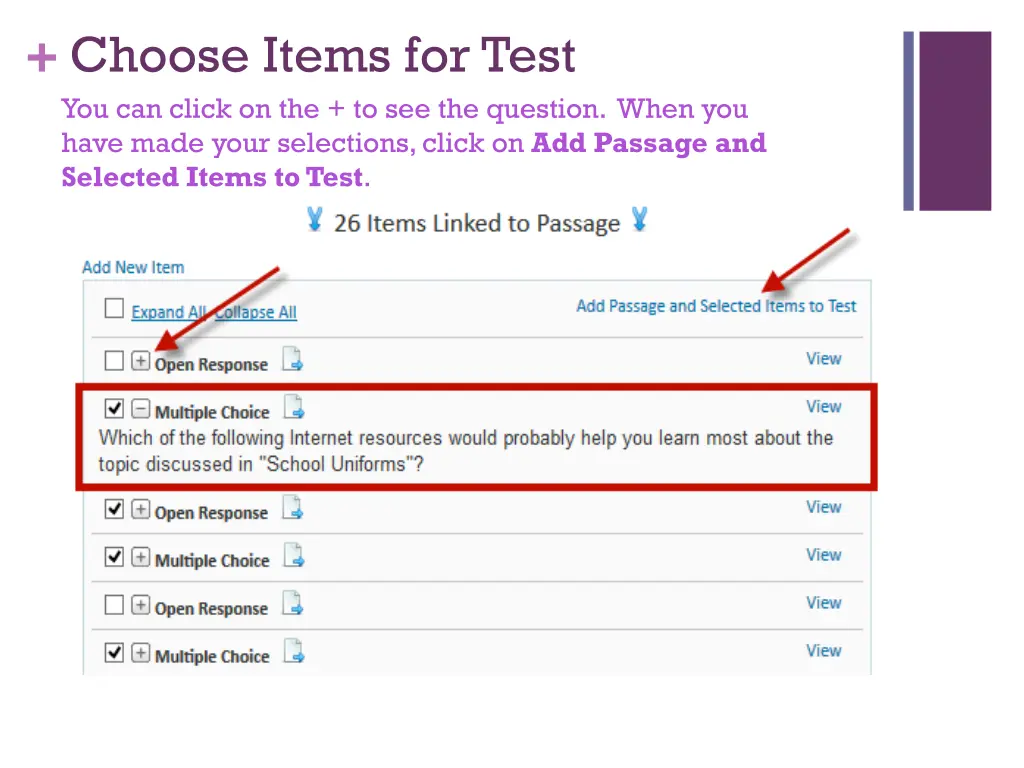 choose items for test you can click