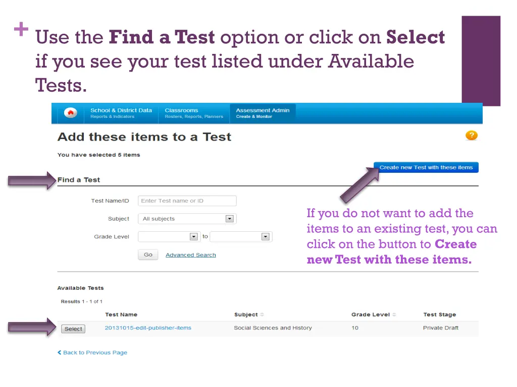 use the find a test option or click on select