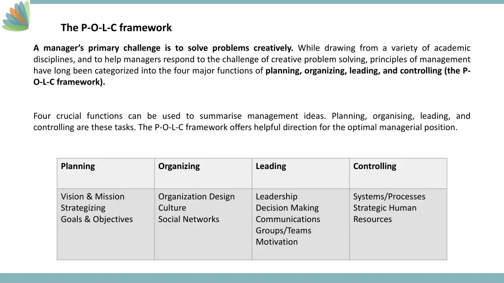 the p o l c framework