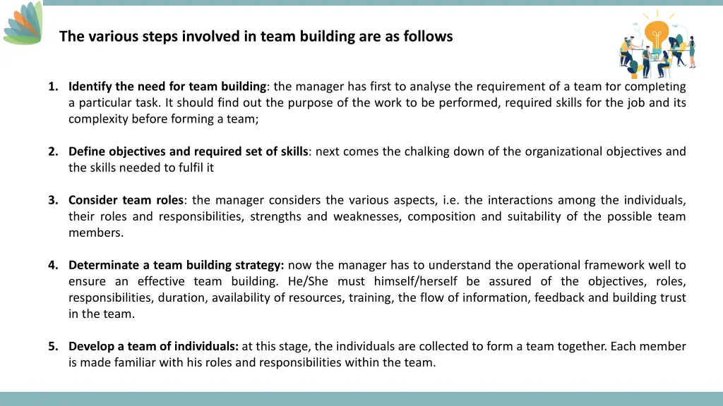 the various steps involved in team building