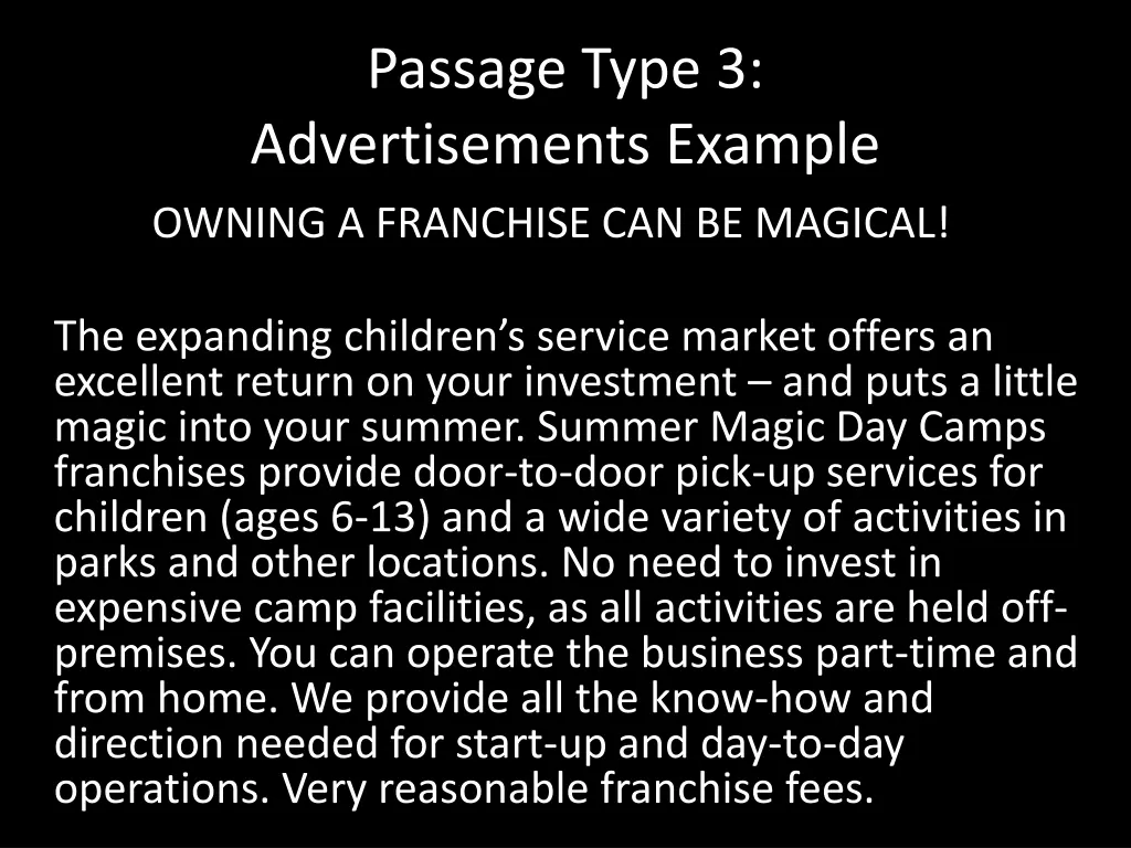 passage type 3 advertisements example owning