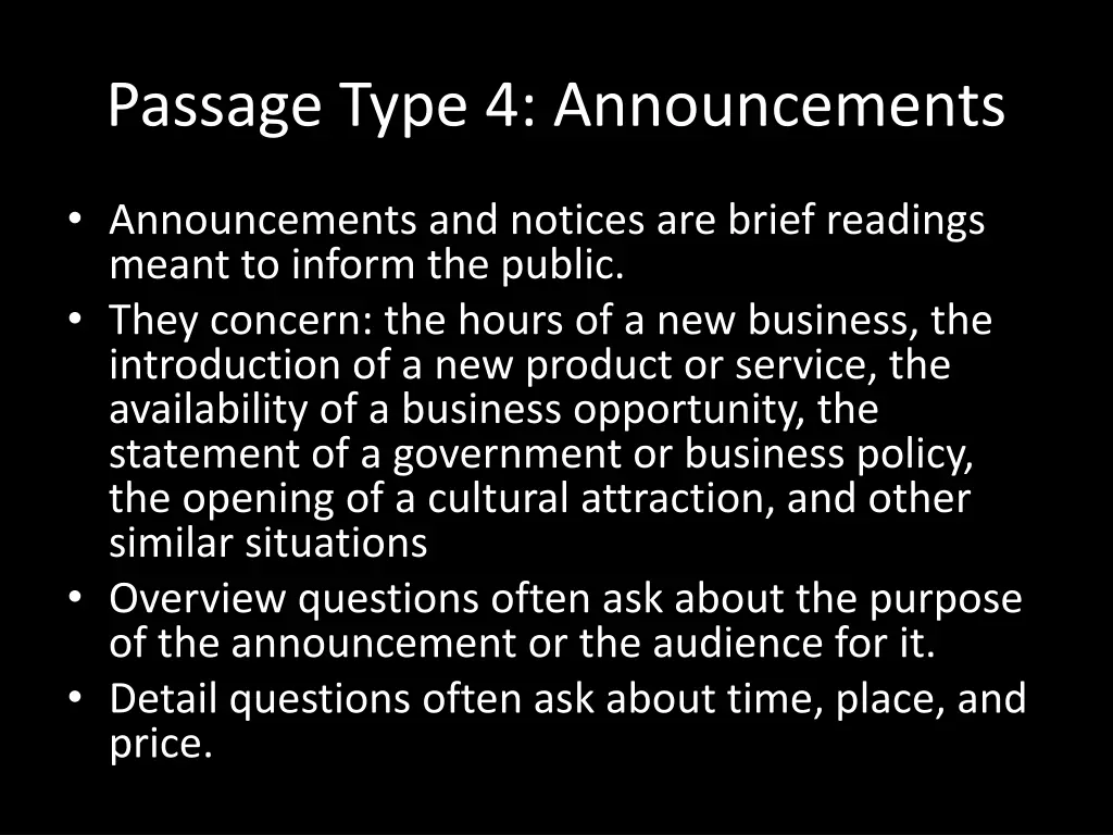 passage type 4 announcements