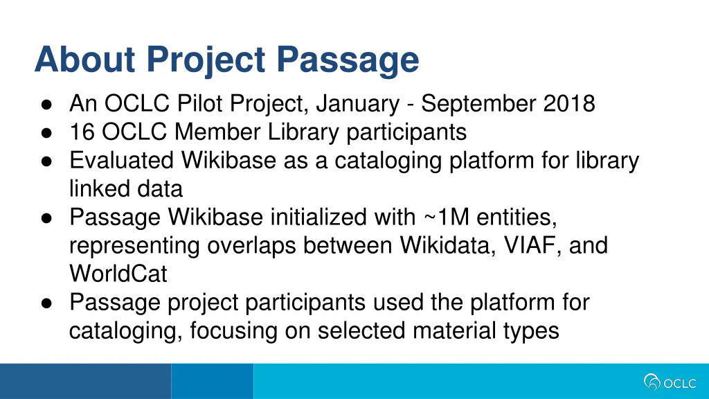 about project passage an oclc pilot project