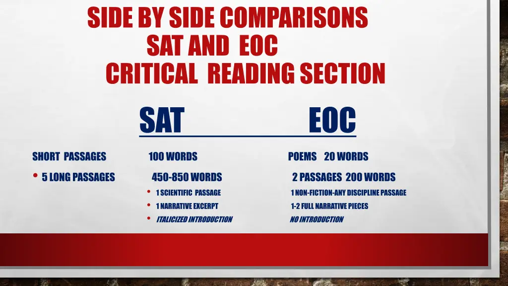 side by side comparisons sat and eoc critical