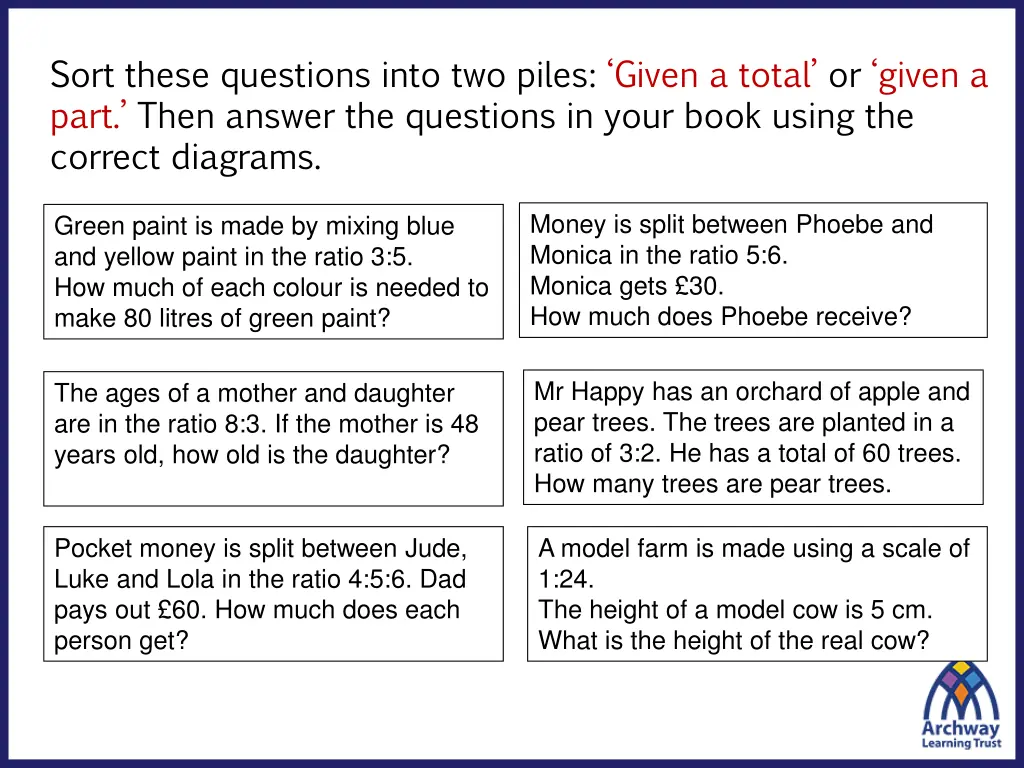 sort these questions into two piles given a total