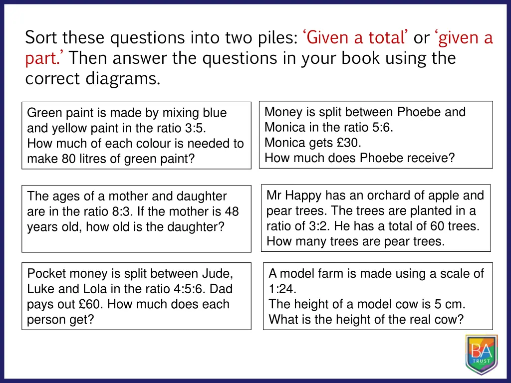 sort these questions into two piles given a total