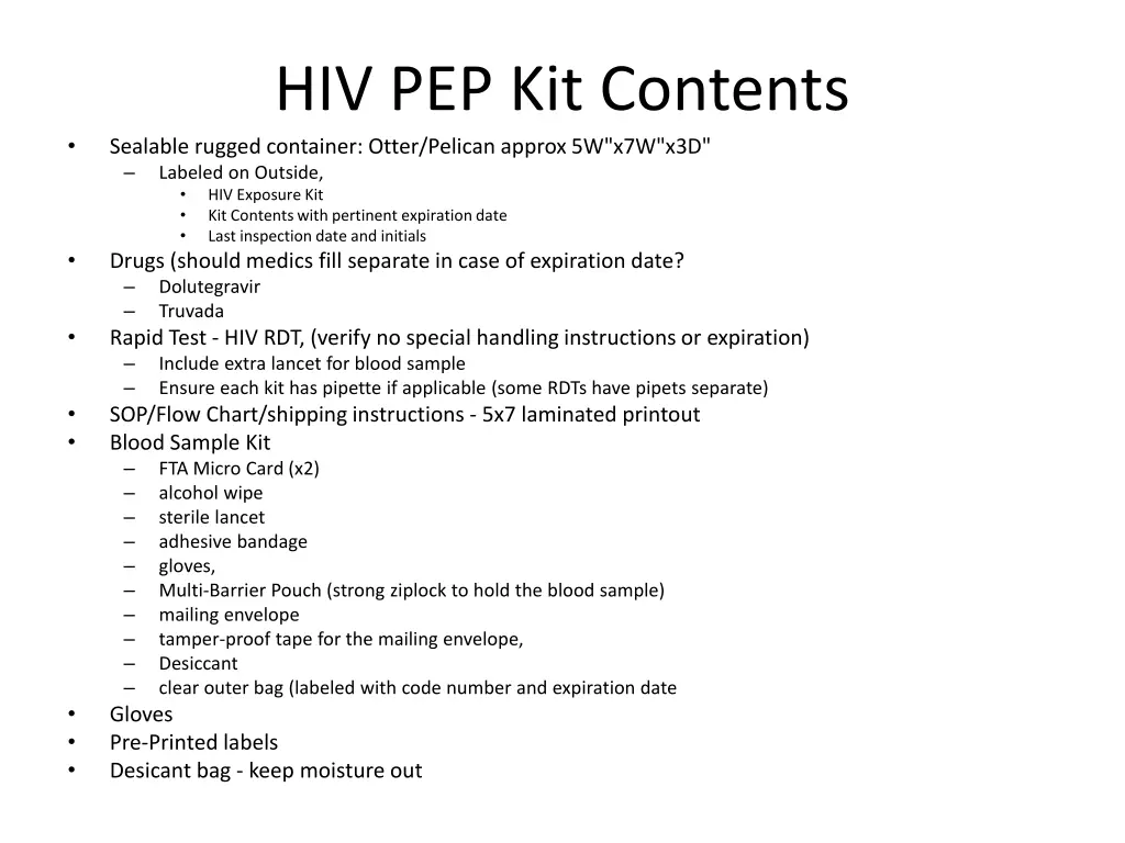 hiv pep kit contents sealable rugged container