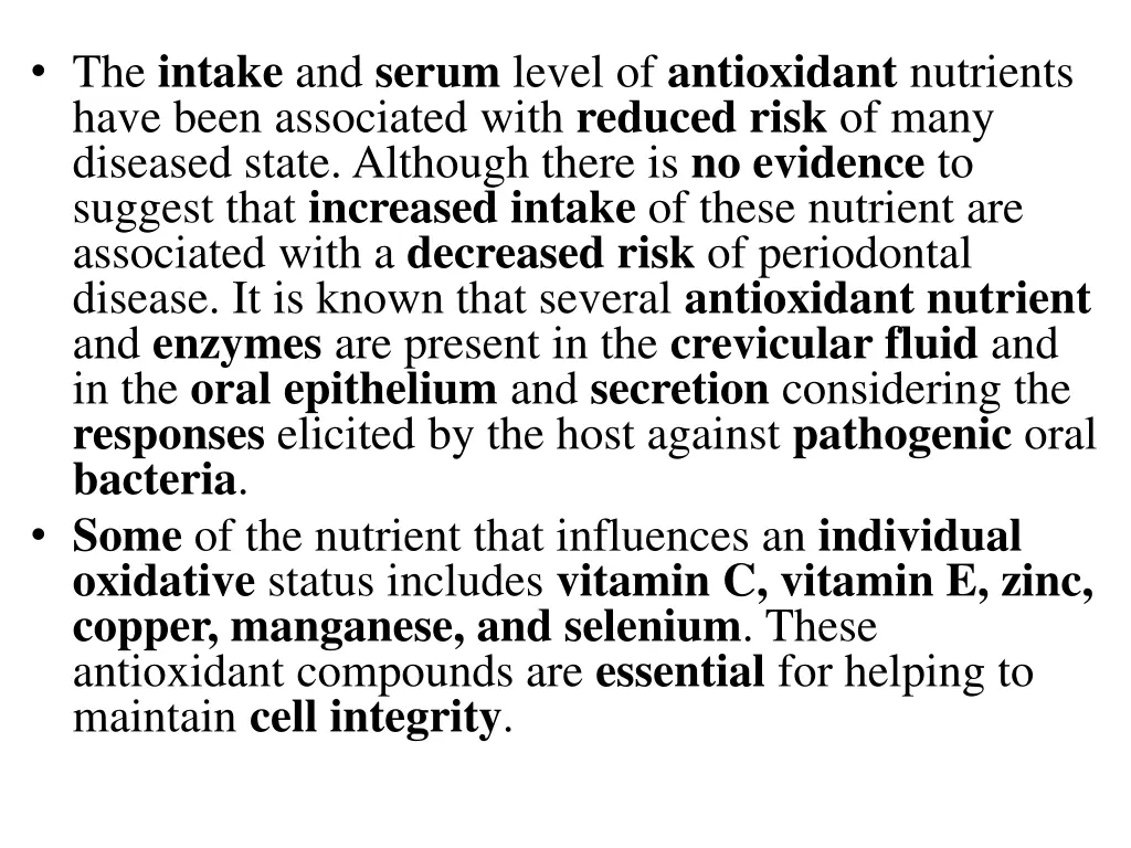 the intake and serum level of antioxidant