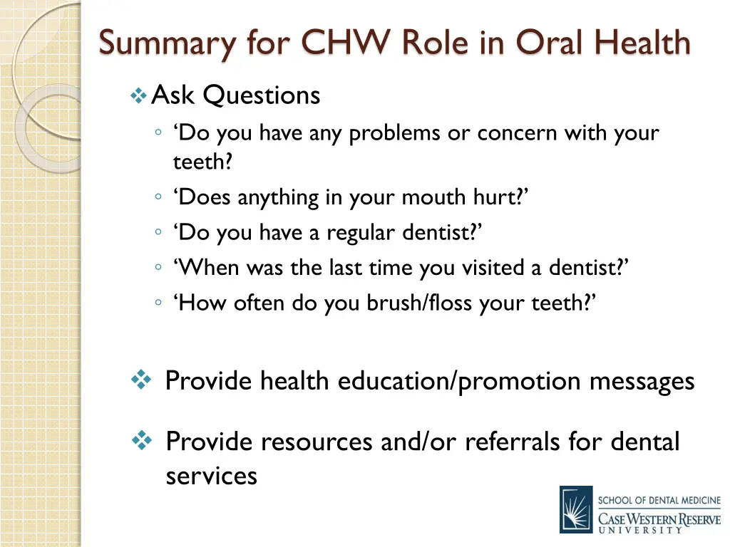 summary for chw role in oral health