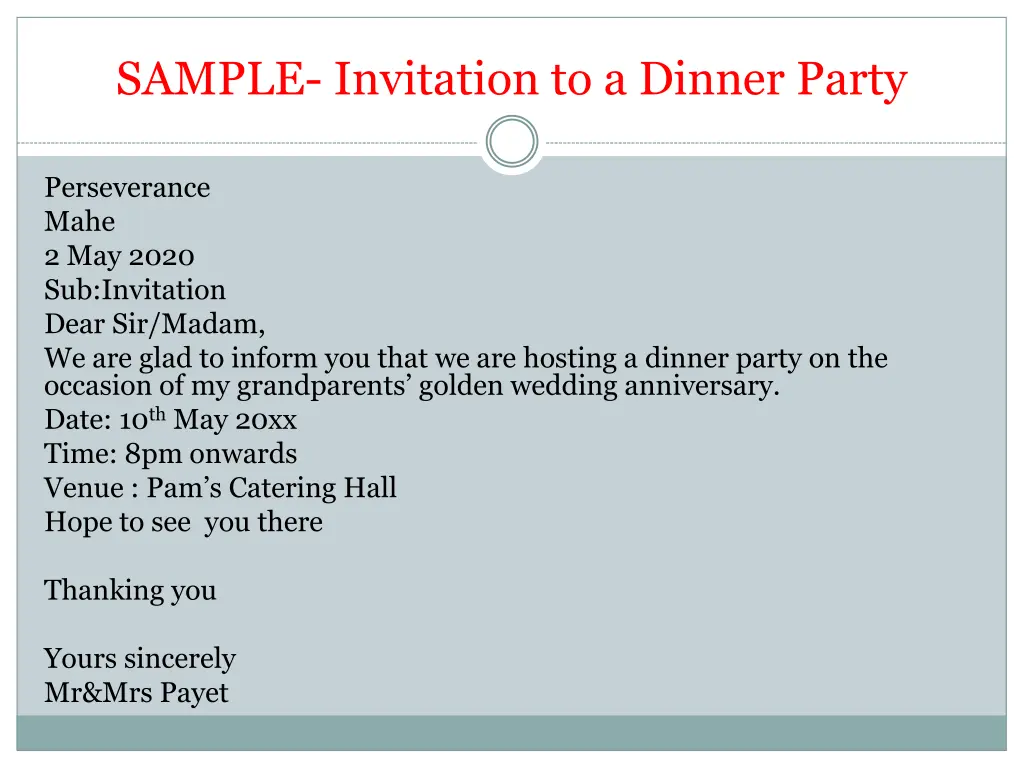 sample invitation to a dinner party