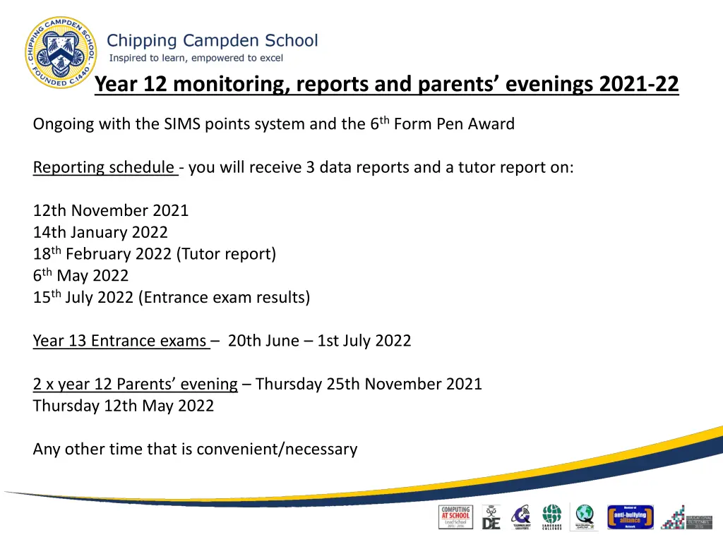 year 12 monitoring reports and parents evenings