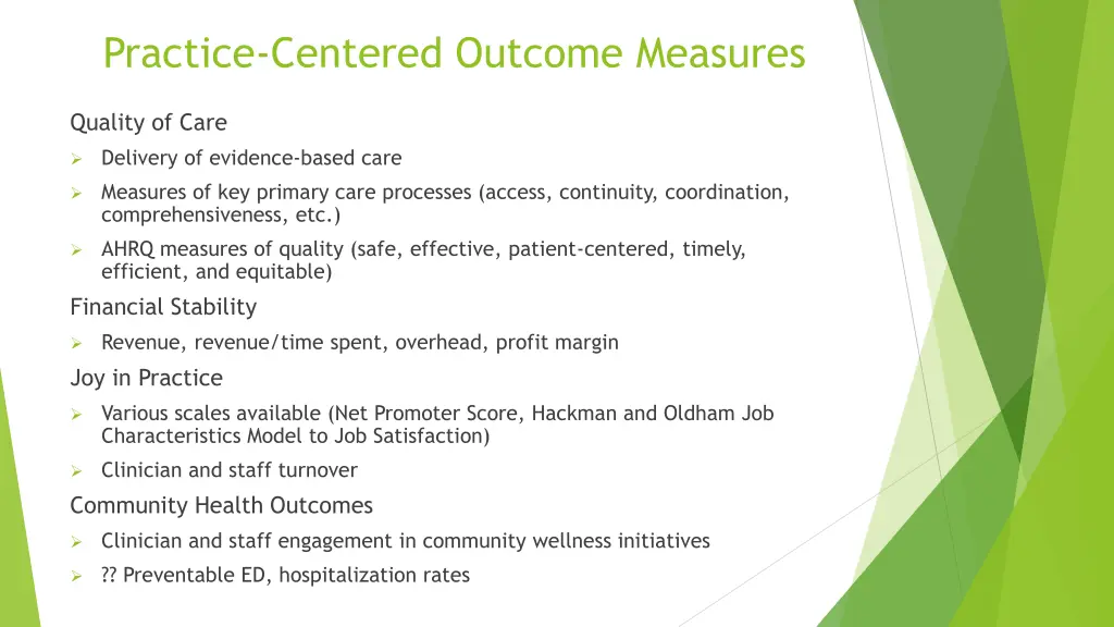 practice centered outcome measures