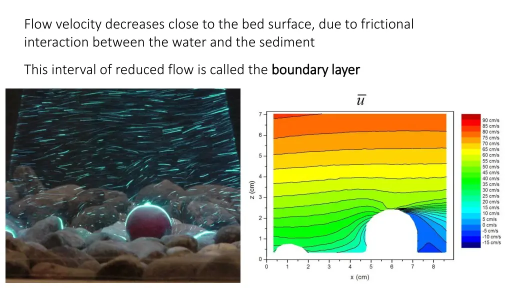 flow velocity decreases close to the bed surface