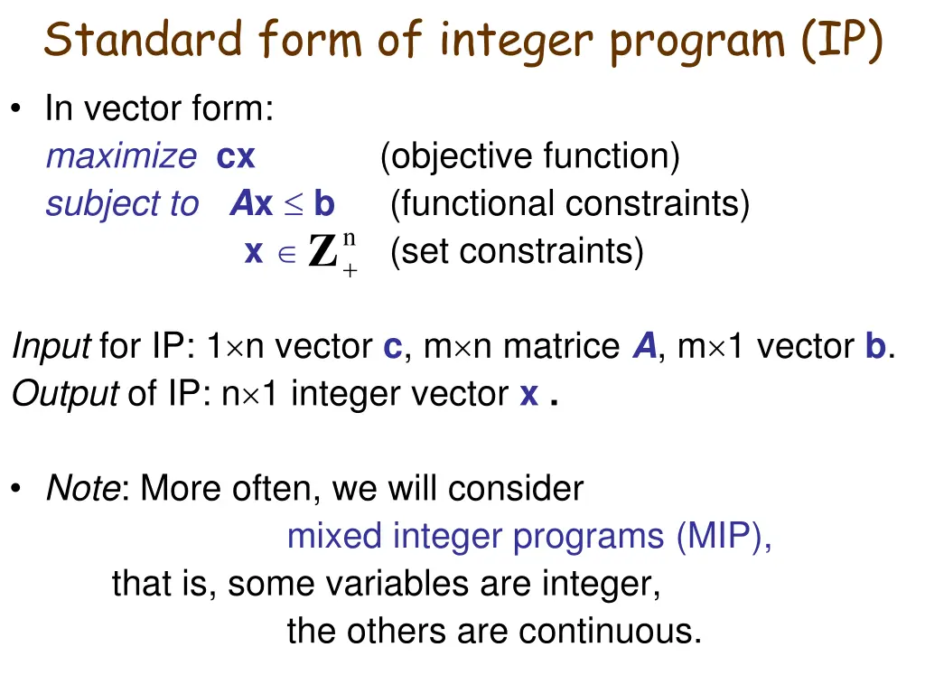 standard form of integer program ip in vector