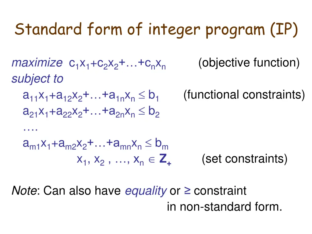 standard form of integer program ip