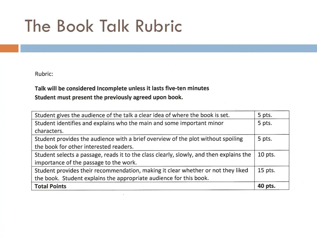 the book talk rubric