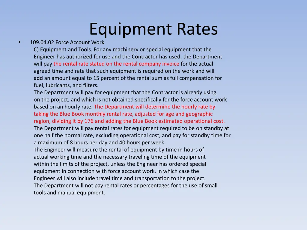 equipment rates 109 04 02 force account work