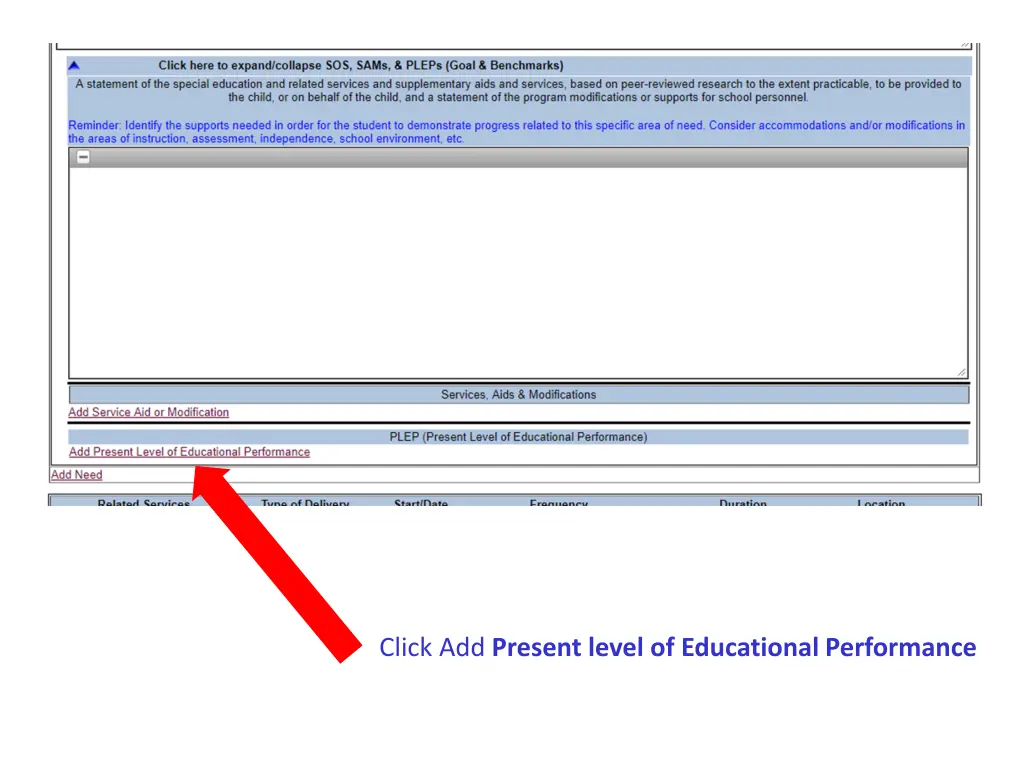 click add present level of educational performance