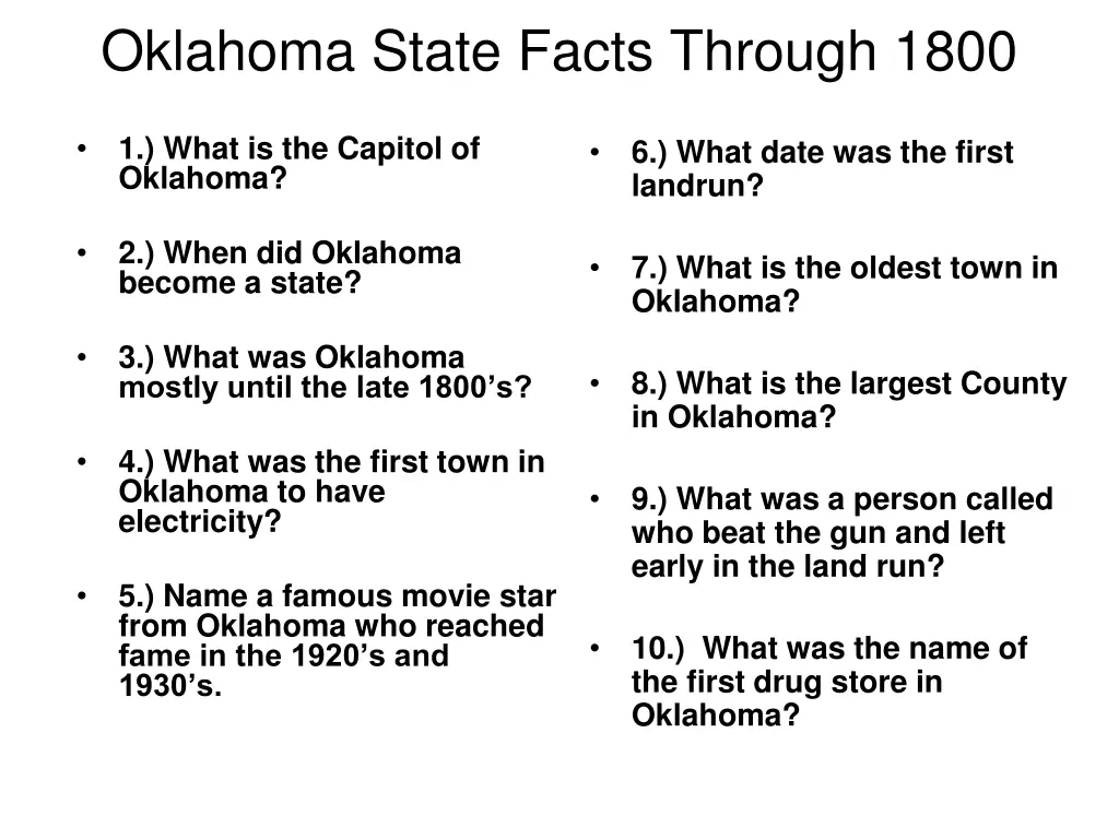 oklahoma state facts through 1800 1