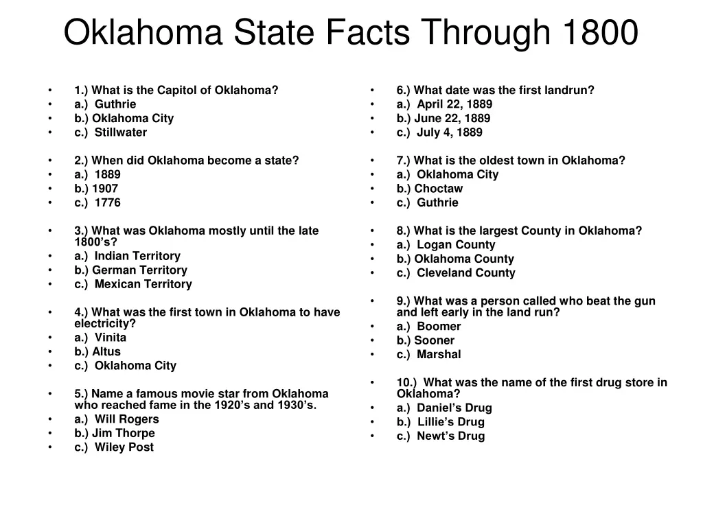 oklahoma state facts through 1800