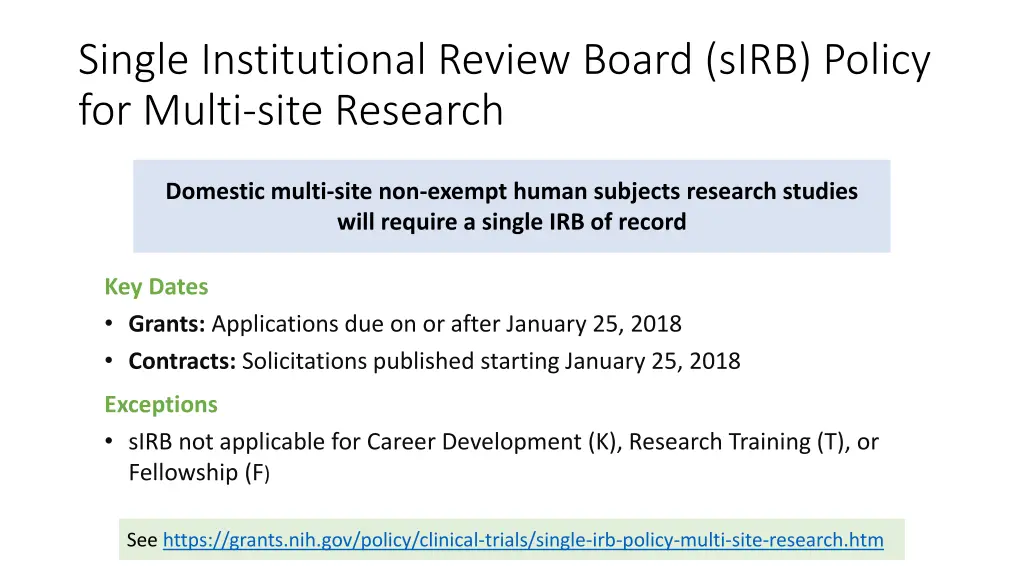 single institutional review board sirb policy