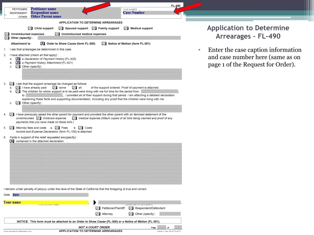 application to determine arrearages fl 490