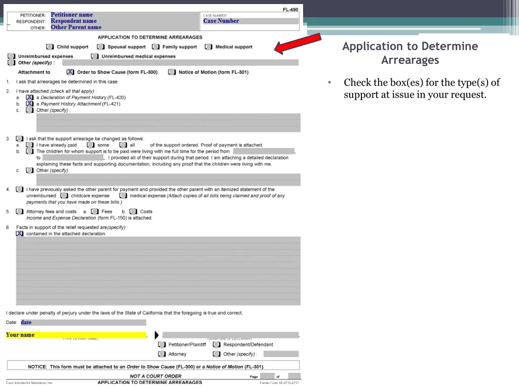 application to determine arrearages