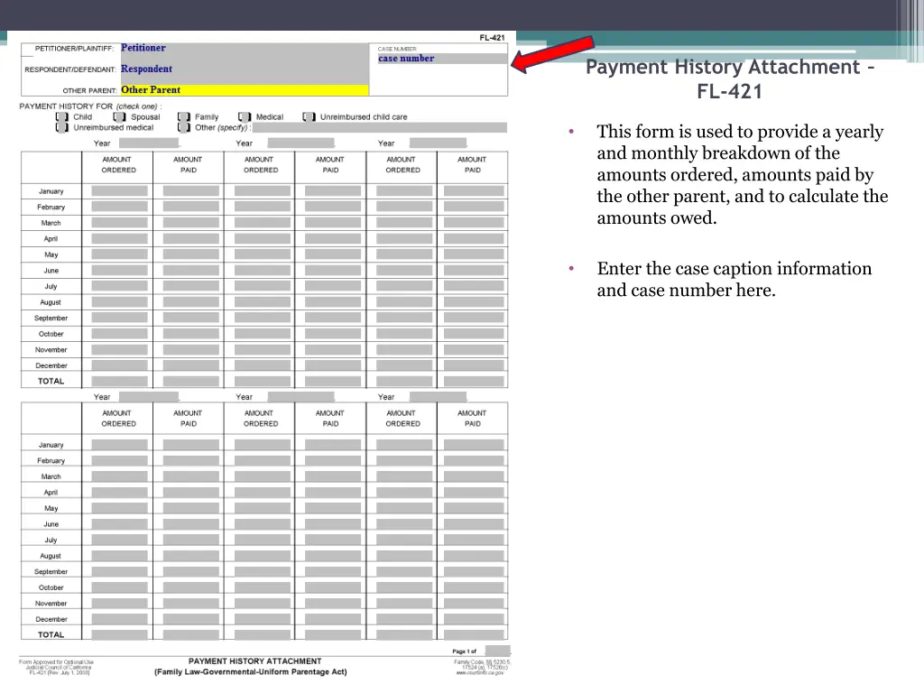 payment history attachment fl 421