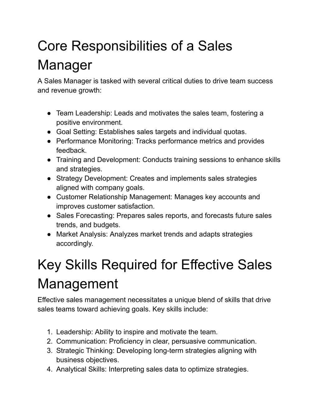 core responsibilities of a sales manager