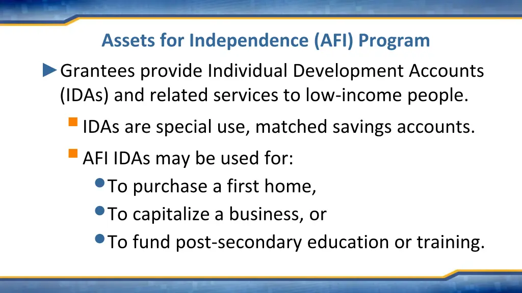 assets for independence afi program grantees