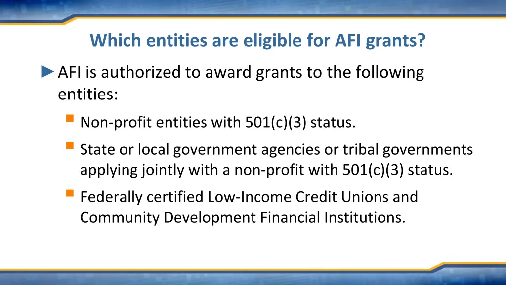 which entities are eligible for afi grants