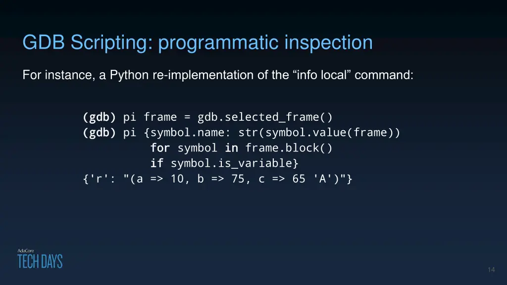 gdb scripting programmatic inspection