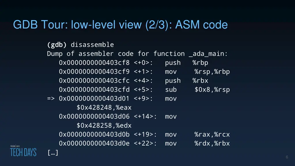 gdb tour low level view 2 3 asm code