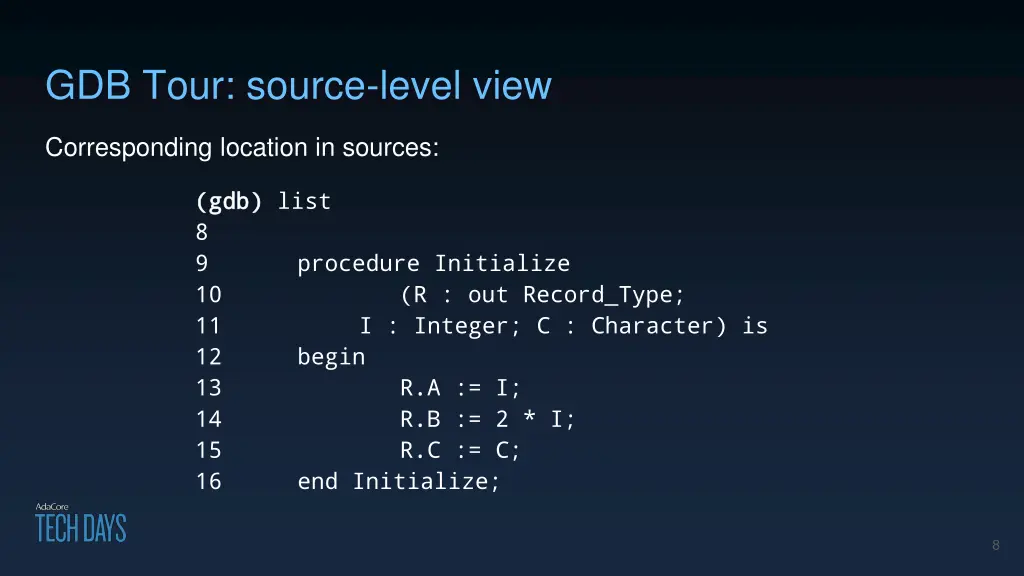 gdb tour source level view