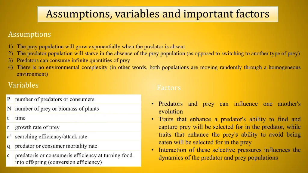 assumptions variables and important factors