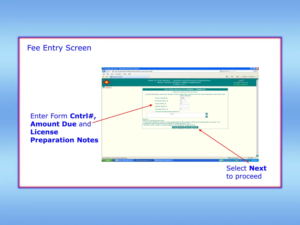 fee entry screen