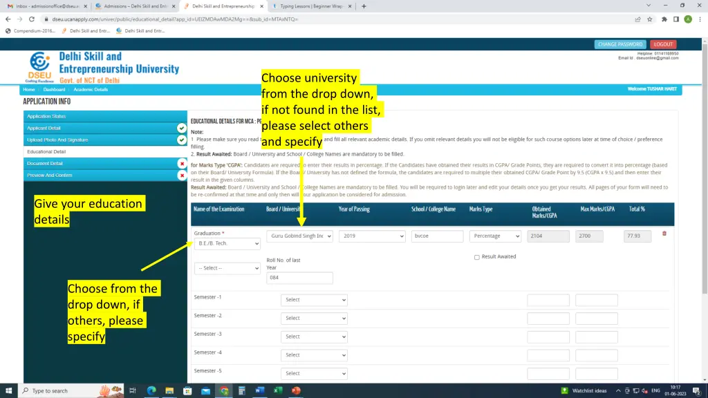 choose university from the drop down if not found