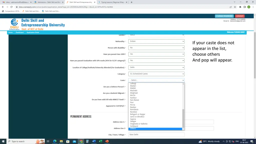 if your caste does not appear in the list choose