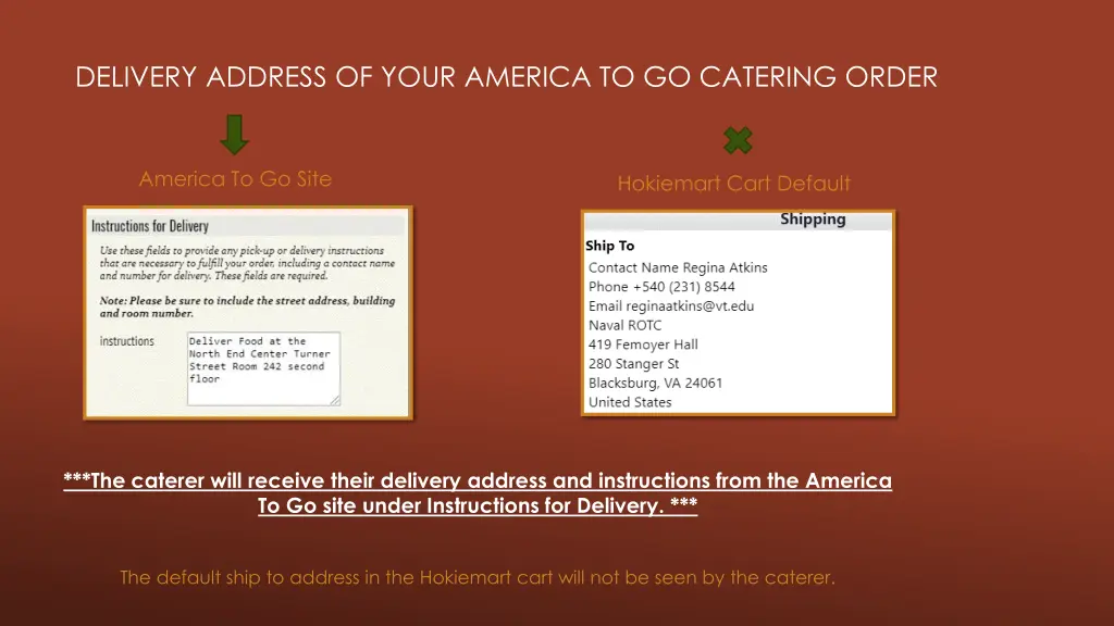 delivery address of your america to go catering